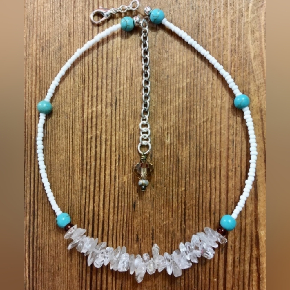Crystal Nugget Beaded Ladies Necklace, White and Blue, Handmade Ladies N…